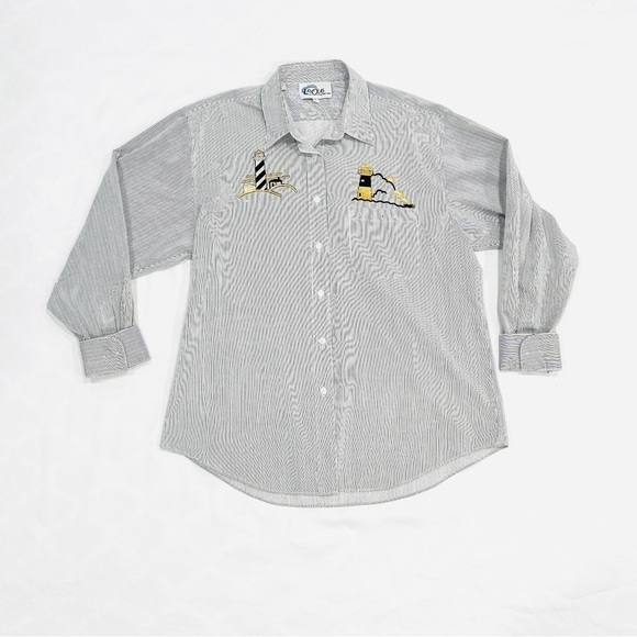 Las Olas Tops - Vintage Las Olas Nautical Embroidered & Embellished Button Down Striped Shirt